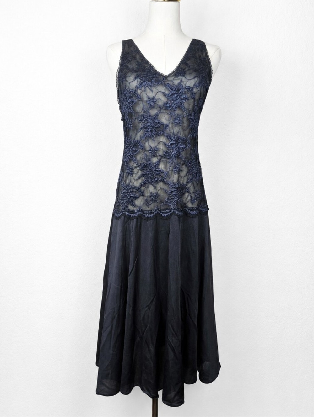 Vintage 90s Samye Black Satin Navy Lace Maxi Dress S Whimsigoth Dark Romantic